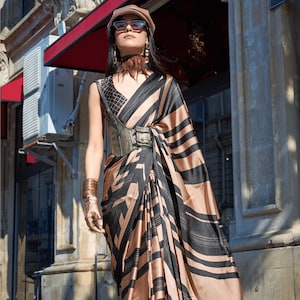 Brown Premium Japan Satin Digital Print Saree With Blouse Piece For Women, Evening Wear Saree, Casual Wear Saree, Satin Silk Printed Saree