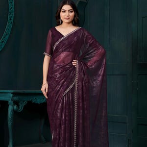 Classic Wine Stone Hand Work Tissue Organza Zari Weave Saree For Women, Ceremonial Wear Saree, Party Wear Outfit, Saree Blouse, Saree, Sari.