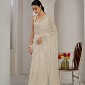 Pleasant Cream Stone Hand Work Organza Silk Saree For Women, Elegant Handcrafted Sari, Gift For Her, Party Wear Outfits, Festive Wear Attire