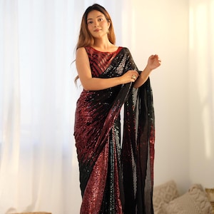 Designer Black Sequins Embroidered Georgette Saree with Blouse Piece For Women, Festive & Ceremonial Wear Saree, Elegant Saree for Sale