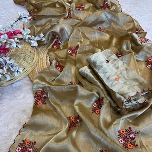 Elegant Mehendi Moss Tissue Silk Saree With Blouse Piece For Women, Floral Embroidery & Cutwork Border, Designer Party and Festive Wear Sari
