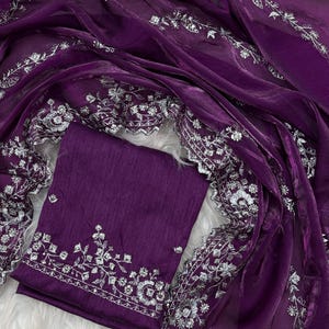 Elegant Wine Embroidered Chiffon Tissue Silk Saree With Blouse Piece For Women, Designer Party & Festive Wear Sari, Silver Jari, Sequin Work