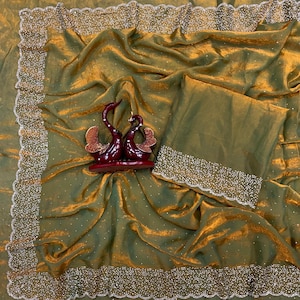 Pleasant Golden Stone Hand Work Space Silk Saree For Women, Festival Wear Saree, Party Wear Outfit, Saree For Women USA, Soft Shiny Saree.
