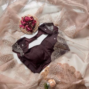 Elegant Beige Coffee Embroidered Tissue Organza Party Wear Saree For USA Women, Cording work, C-Pallu, Designer Ceremonial Wear Girls Outfit