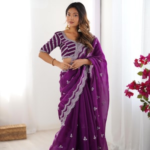 Elegant Wine Embroidered Tissue Organza Saree For Women, Dual Side Blouse Work, Elegant Party Wear Outfit, Saree For USA Women, Sequin Work