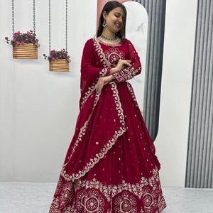 Festive Special Red Embroidered Faux Georgette Ready Made Fully Stitched Lehenga Choli For Women , Sequins Work, Indian Bridal Lehenga Choli