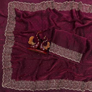 Enchanting Wine Stone Handwork Space Silk Saree For Women, Wedding Wear Saree, Festival Wear Saree, Party Wear Outfit, Saree For Women USA.