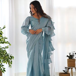 Trending Sky Blue Tissue Organza Ready To Wear Frill Saree With Readymade Fully Stitched Blouse, Prestitched Saree, Designer One Minute Sari