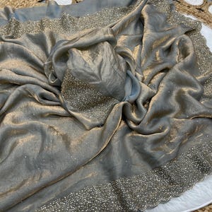 Exclusive Grey Zarkan Stone Hand Work Space Silk Saree For Women, Saree For UK Women, Designer Festive Outfit, Diamond Hand Work Saree, Sari