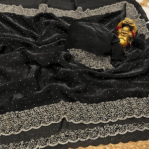 Classic Black Zarkan Stone Hand Work Space Silk Party Wear Saree For Women, Sarees For USA Women, Designer Festive Wear Outfit, Diamond Work