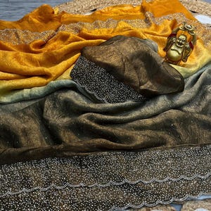 Exclusive Multicolor Zarkan Stone Hand Work Shaded Crush Space Silk Saree For Women, Sarees For UK Women, Diamond Work, Festival Wear Outfit