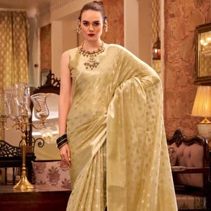 Cream Woven Tissue Silk Saree For Women, Elegant Party Wear Saree, Festive Wear Saree, Weaving Buttis, Border and Rich Pallu, Ethnic Sarees
