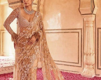 Golden Mono Net Sequins Embroidered Saree With Blouse Piece For Women, Designer Party Wear & Wedding Wear Saree, Traditional Indian Outfit