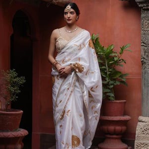 Calming White Sequin Embroidered Rangoli Silk Festive Wear Saree For UK Women, Zari Thread Work, Elegant Party Wear Outfit, Prestitched Sari