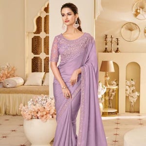 Designer Lavender Embroidered Georgette Saree With Blouse Piece, Elegant Wedding, Festive & Party Wear Saree for Women, Heavy Work Blouse