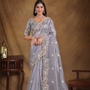Designer Two Tone Tissue Organza Satin Silk Embroidered Saree With Belt For Women, Festive Wear Outfit, Sequins Work, Pearl Work, Hand Work