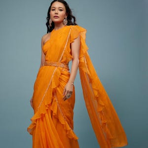 Wear a Ready-Pleated Mustard Yellow Saree with a Wonderful Frill Ruffle Pallu to a Wedding, or an Engagement Party, and You&#39;ll Look Stunning