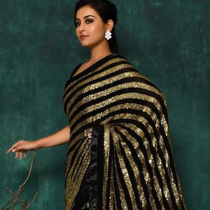 Classic Black Sequins Embroidered Faux Blooming Georgette Saree For Women, Satin Lace Border, Designer Party Wear Sarees, Festive Wear Saree