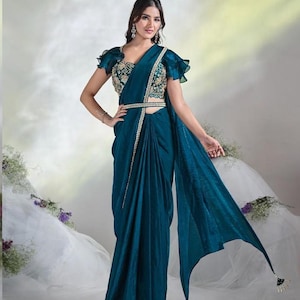 Designer Two Tone Satin Silk Embroidered Ready to Wear One Minute Saree with Belt & Fully Stitched Blouse, Moti Hand Work, Mirror Work Sari