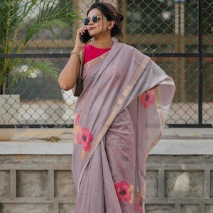 Mauve Linen Woven Saree with Blouse Piece, Traditional Saree, Summer Linen Saree, Casual Wear Saree, Party Wear Saree, Linen Saree.