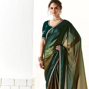 Classic Green Embroidered Tissue Party Wear Saree With Blouse Piece For Women, Festive & Wedding Sari, Intricate Hand Embroidery Blouse Work