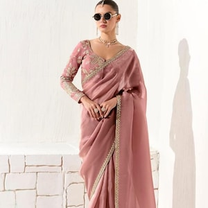 Classic Onion Embroidered Tissue Party Wear Saree With Blouse Piece For Women, Festive & Wedding Sari, Intricate Hand Embroidery Blouse Work