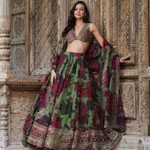 Elegant Green Embroidered Tabby Organza Ready Made Fully Stitched Party Wear Lehenga Choli For Women, Thread & Sequins Work, Festive Outfit.