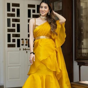Yellow Ruffle Saree With Full Sequence Blouse For Wedding Reception Cocktail Saree, Designer-Made Wedding Indo-Western Clothing For Women