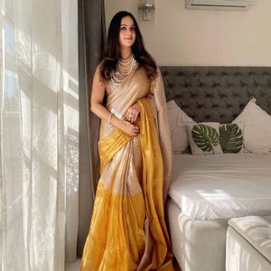 Elegant Beige Digital Print Soft Tissue Zari Shine Festive Wear Saree For UK Women, Ceremonial Saree, Ceremonial Party Wear Outfit, Tassels