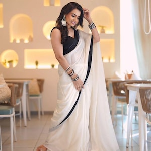 Elegant White Satin Silk Saree With Blouse Piece For Women, Saree for USA Women, Fancy Party Wear Indian Wedding Saree, Festive Wear Saree