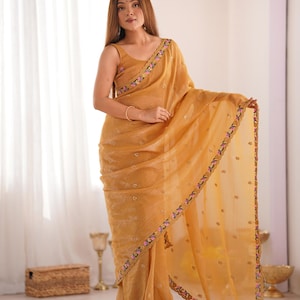 Trending Mustard Floral Embroidered Tissue Fesive Wear Saree For USA Women, Ceremonial Outfit For UK Girls, Sequins Work, Sarees with Border