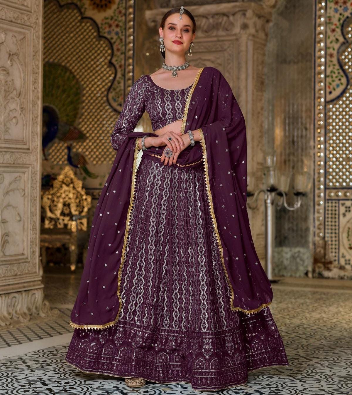 Elegant Purple Embroidered Semi Stitched Georgette Lehenga Choli  for Women and Girls, Bridal Outfit, Wedding Wear Lehenga Set, Sequins Work