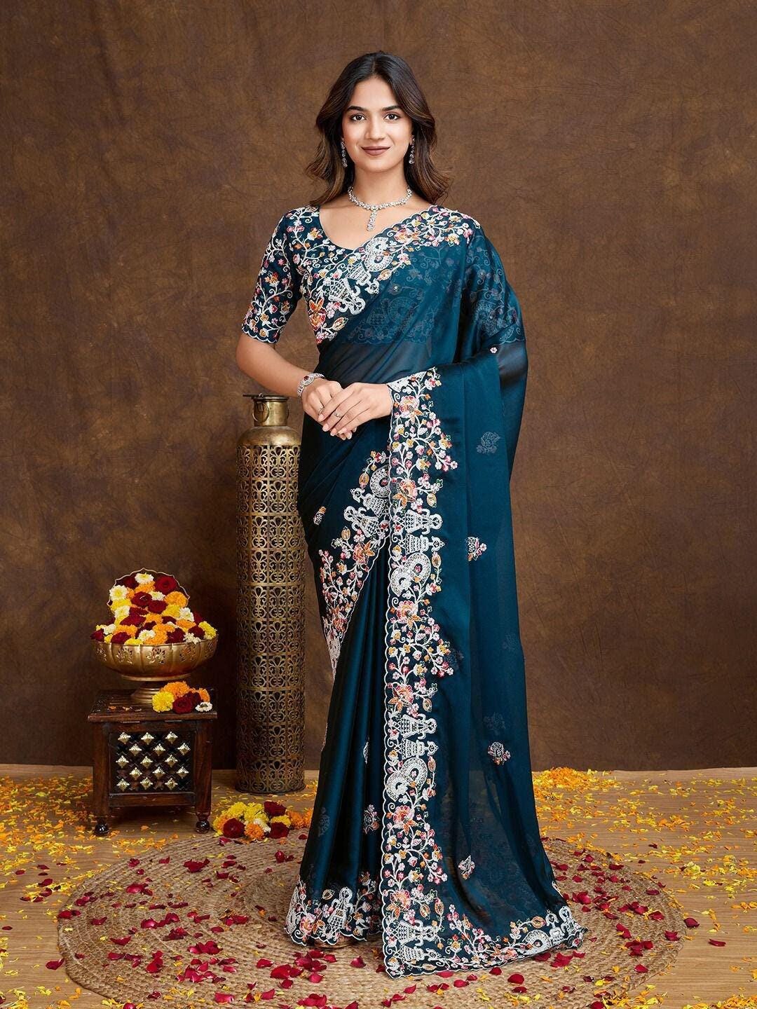 Elegant Teal Blue Rangoli Silk Embroidered Saree With Blouse Piece For Women, Designer Party Wear & Wedding Wear Saree, Piping Border, Sari