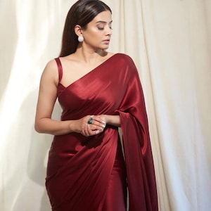 Maroon Satin Silk Saree With Blouse Piece For Women, Bridesmaid Party Wear Saree, Indian Wedding Saree, Silk Saree Blouse, Summer Saree