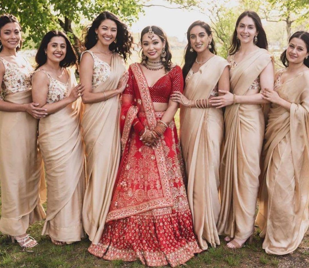 Pastel Beige Heavy Satin Bridesmaid Saree for Women Girls