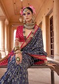 Navy Blue Patola Pattern Poly Viscose Silk Saree For Women, Traditional Patola Outfit, Festival Wear Sarees, Saree For USA Women, Stud Work.