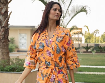 Pure Cotton Indian Block Printed Kimono,Soft & Comfortable Bath/Home Robes,Beach CoverUp/Comfy Maternity Mom|Quirky Orange Floral Paradise