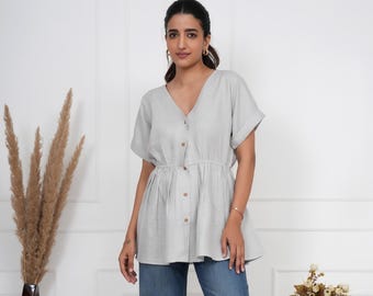 Linen Peplum Top for Women, Short Sleeve Button Down Blouse Tunic, Handmade Summer Top