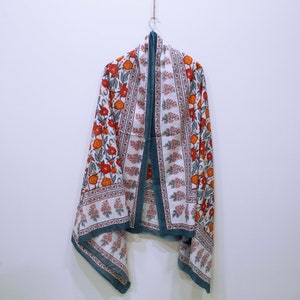 Floral Block Print Cotton Sarong: Boho Beach Scarf