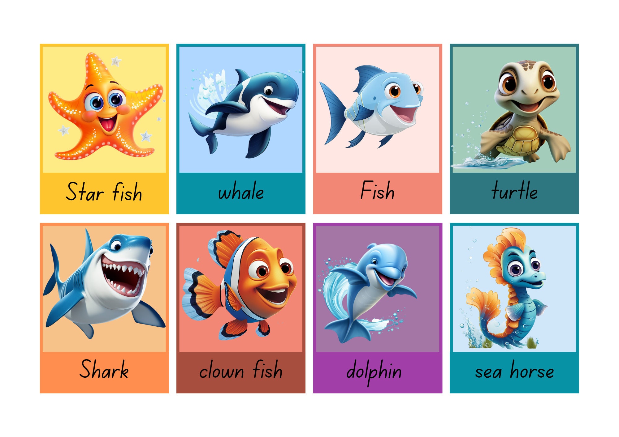 Sea Creatures Flashcards and Colouring Pages - Etsy