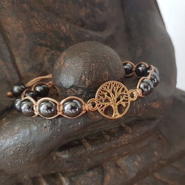 Bracelet femme macramé Shamballa arbre de vie doré et perles en hématite, pierre de purification, Bracelet anti-anxiété, Cadeau pour femme