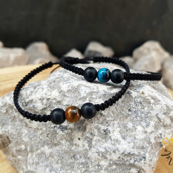 Bracelet en macramé et pierres oeil de tigre, onyx noir mat Bracelet homme femme mixte Bracelet porte-bonheur Bracelet de protection