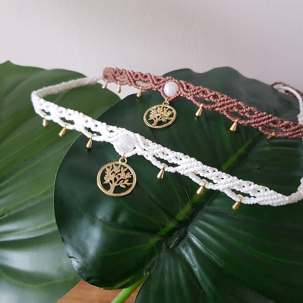 Ras de cou en micro macramé et pierre naturelle Pierre de Lune et arbre de vie doré Chocker apaisant anti-anxiété disponible en 2 couleurs