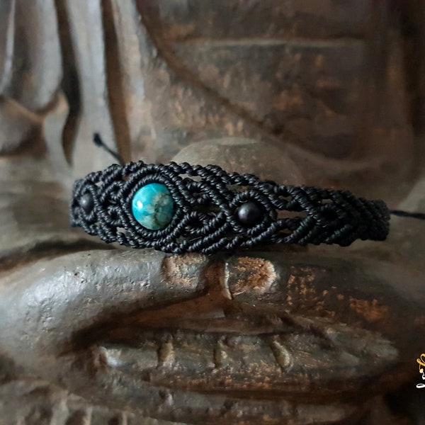 Bracelet noir homme en macramé avec perle en pierre naturelle Turquoise africaine Bijou fait main tressé Bracelet de protection