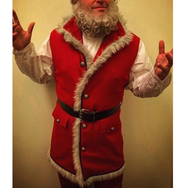 Tenue de Noël du Père Noël pour hommes Gilet rouge avec fourrure blanche Costume de Noël Manteau Veste