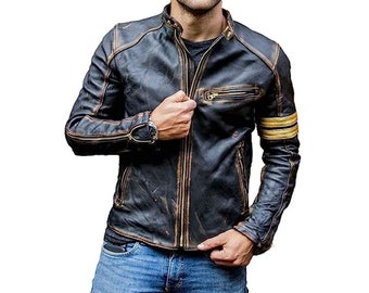 Handgefertigte Herren-Café-Racer-Slim-Fit-Vintage-Motorradjacke aus schwarzem Leder mit goldenen Streifen im Distressed-Look