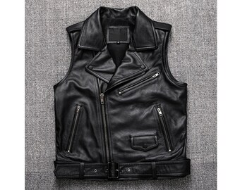 Men's Handmade Vintage Café Racer Motorcycle Biker Real Lambskin Black Leather Vest