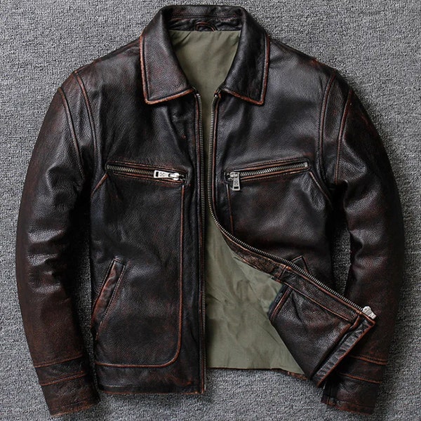 Men's Handmade Vintage Style Slim Fit Distressed Motorcycle Biker Genuine Radish Brown Leather Jacket