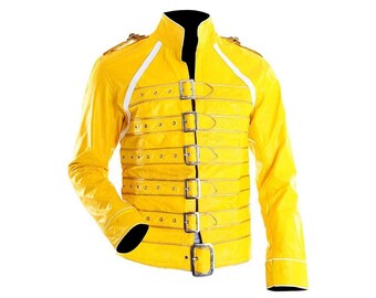 Chaqueta de cuero amarillo motociclista con cinturón de concierto Freddie Mercury Wembley Queen hecha a mano para hombre