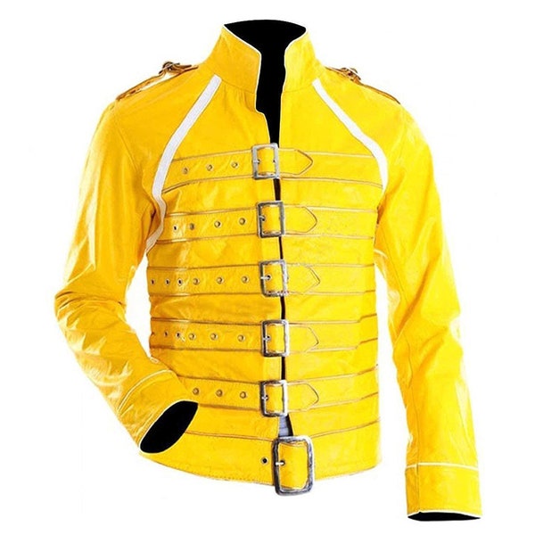 Men’s Handmade Freddie Mercury Wembley Queen Concert Belted Biker Yellow Leather Jacket